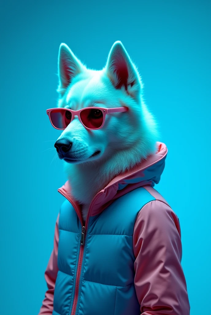 The best cell phone wallpaper, Award-Winning Wallpaper, portrait photography, In the front view is a portrait of a white Siberian Husky wearing modern Haute couture fashion, Side view photo, Shot with Canon EOS R5, Set a strong contrast that accentuates the subject, Fluorescent grey tone, Wearing a very modern coat and sunglasses, Clothes all in one color, beautiful background