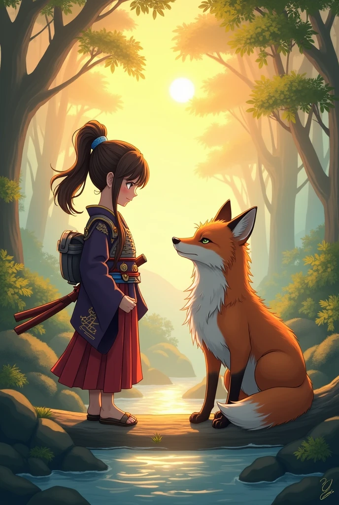 An anime fox with a young samurai girl next to him