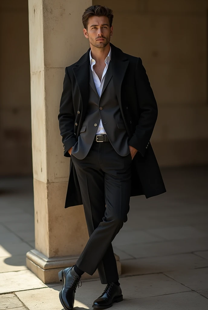 Create an image of a man at a photo shoot posing confidently and elegantly using the environment to create interesting shots
