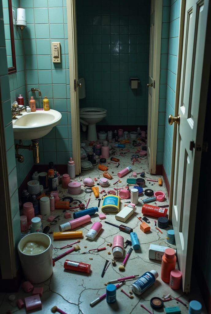 Create for me an image of a messy bathroom and cosmetic products scattered on the floor