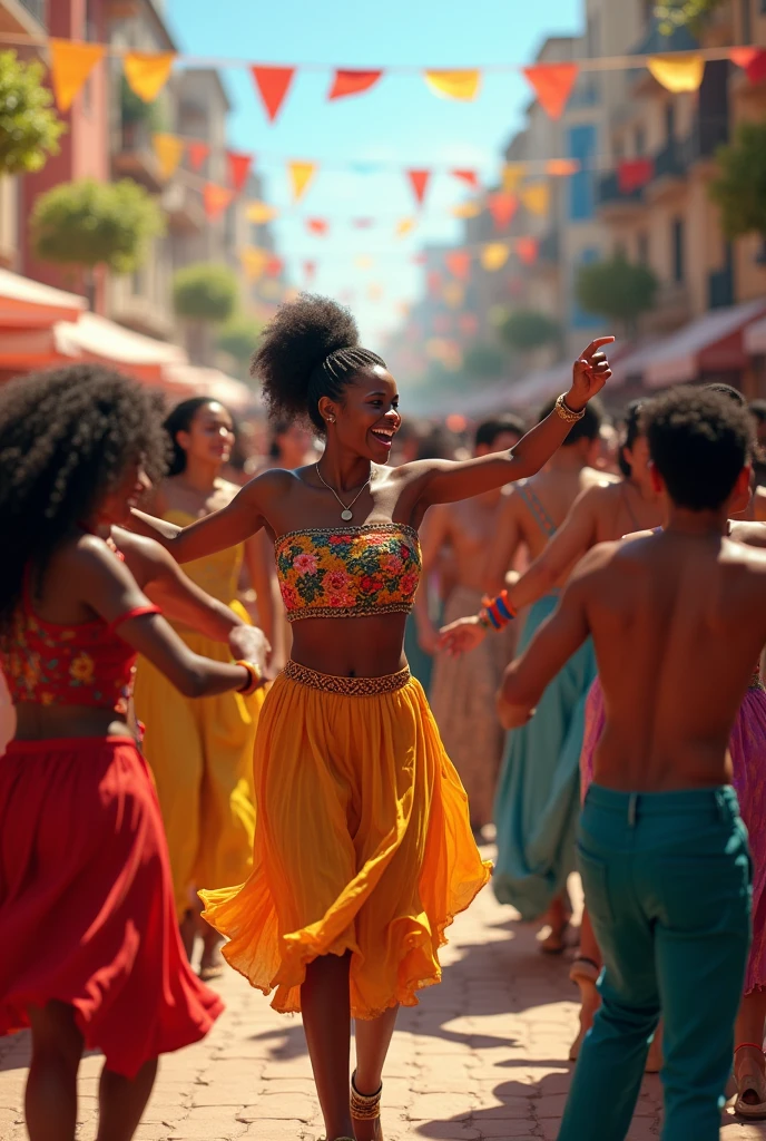 create an image of people dancing a typical Brazilian dance in a happy environment