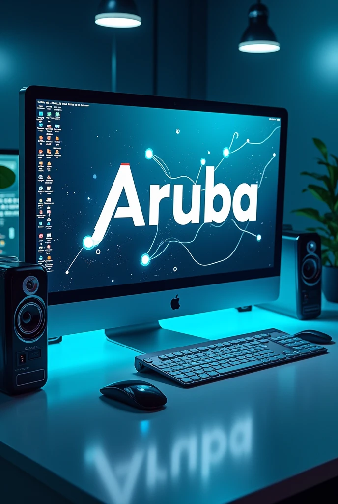 I want to create a background that includes a computer and design graphics that in the center bears the name of ARUBA