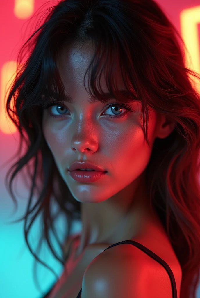 beautiful female top model with wavy hair, a strand of hair with a slight fringe, blue-gray eyes, (best quality,4k,8k,highres,masterpiece:1.2),ultra-detailed,(realistic,photorealistic,photo-realistic:1.37),detailed facial features, detailed eyes, detailed lips, detailed skin, wet paint, colorful background, portrait, photography, high fashion, editorial, cinematic lighting, dramatic lighting, vibrant colors