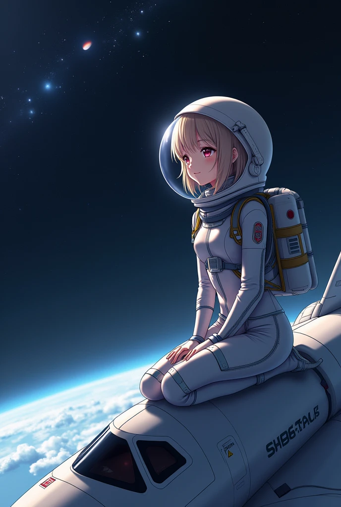 Anime girl in space suit sitting on a space shuttle