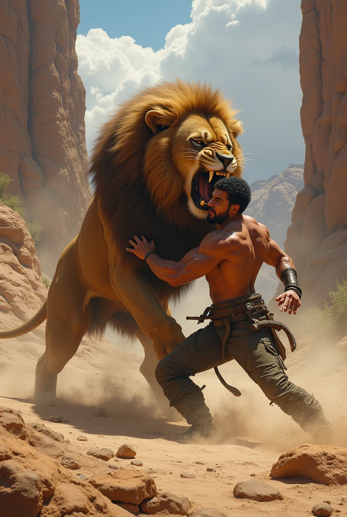 A man fight with lion on the sea beach 