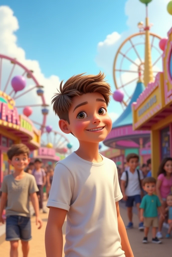 "A , wearing a casual t-shirt with the name 'SUBHAM' printed boldly on the front, is seated at the top of a giant Ferris wheel. He has a big smile on his face, clearly enjoying the ride. The background shows a lively fairground below, with colorful lights and various attractions. The sky is clear, adding to the joyful atmosphere. The boy's expression is one of pure excitement and happiness as he looks out over the fair from his high vantage point."
