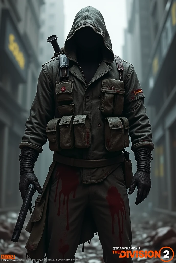 Create a character inspired by the Ubisoft video game The Division 2 with an extremely dark and bloody appearance, that exudes a murderous and dangerous air . The general style must be very dark and aesthetic , capturing a dark vibe .
Detalles adicionales:
The character must look like a ruthless mercenary , with bloodstains on his clothing and an intimidating appearance .
One of his garments , must have the text "matamanc0z #2804" Clearly and visibly.
The visual approach must convey brutality and an atmosphere of .
Note on the background and style :
A dark and chaotic environment that matches the aesthetic of blood of the character .