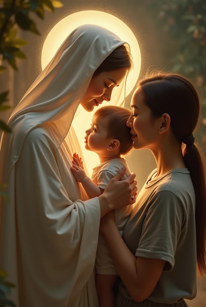  Virgin Mary accompanying a modern family made up of a mother, father and his ren  boy , hugged