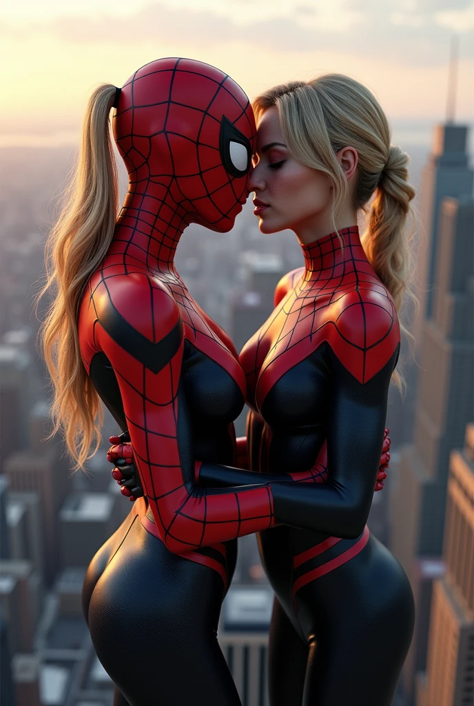 2 blonde Spider woman and spider Gwen almost kissing, (lips not touching), (full body shot) from a distance, scene shot, photoshoot, alley background, 8k, ultra detailed, ultra high quality