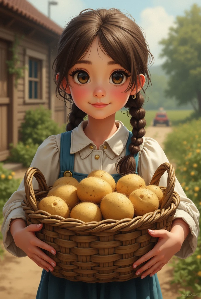 (((masterpiece))), (best quality), ultra-detailed, 8k CG illustration, (young peasant girl with braided hair, green eyes), peasant dress, farmhouse interior, wooden bench, bowl tableware, white ceramic cups, fresh bread, picnic basket, green trees in the distance, soft natural lighting.