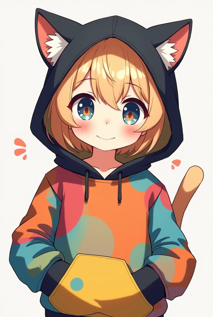 Make me an anime boy who has cat ears and a colorful hoodie he should have a black hood with cat ears on