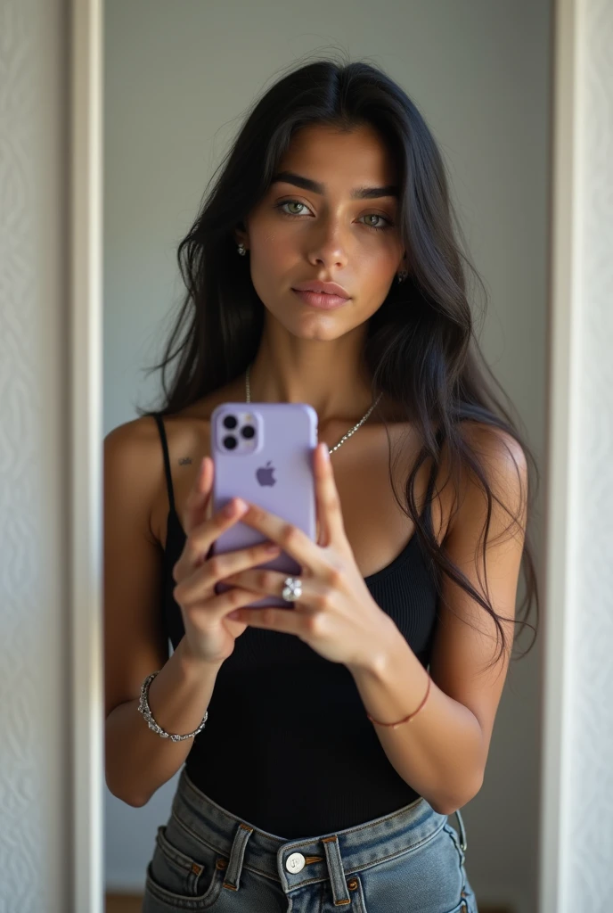 Here is the final version, Cleared :

"A teenager with an oval face ,  natural and slightly arched eyebrows . Her green eyes are expressive ,  transmitting tranquility ,  with her eyes turned to her cell phone . The nose is small and delicate,  with a discreet piercing on the side .  Her thin lips show a light natural smile . The skin is clear and even,  highlighting soft and delicate features . black hair , long and loose,  has a natural texture that frames the face .  She wears a fitted black tank ,  adorning her shoulders and neck ,  combined with pants high waist jeans with pleats . In your delicate hands,  hold a lilac cell phone while taking a picture in the mirror .  She wears a thin chain with small pendants ,  discreet earrings and a simple ring .  The background setting is minimalist ,  with white walls and soft lighting that highlight its central figure. Of Brazilian nationality 

If you need more adjustments, just say!

