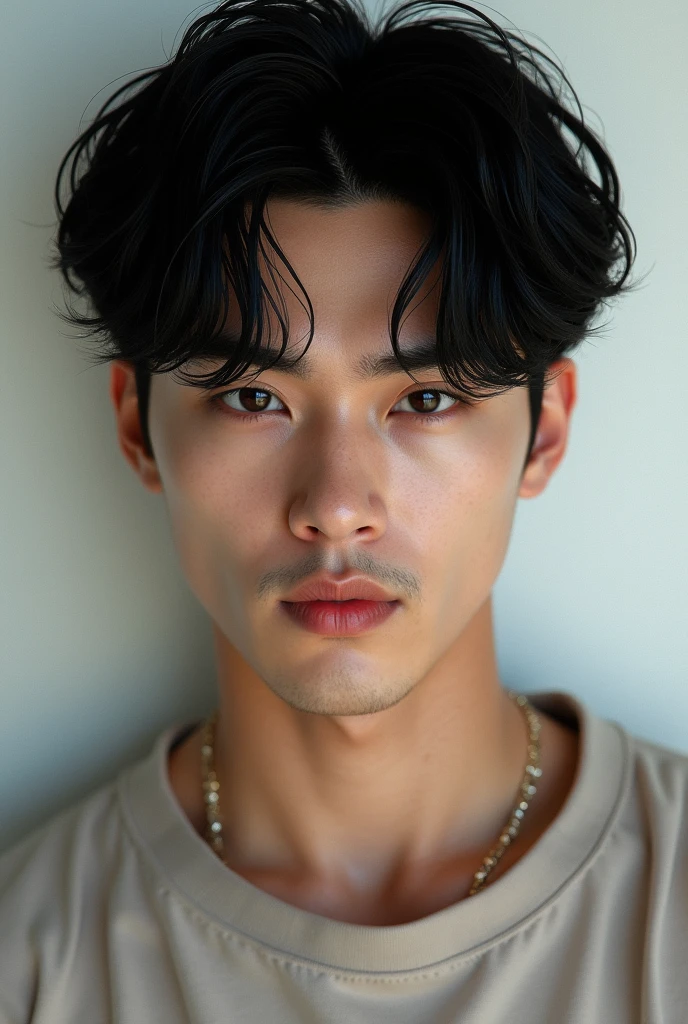 Create a , of a Korean idol , handsome, card-like image that looks serious but has a disguised smile. Looking dominant . With sexier features. that doesn't have a mustache , and not a trace of a mustache, The face should be soft .