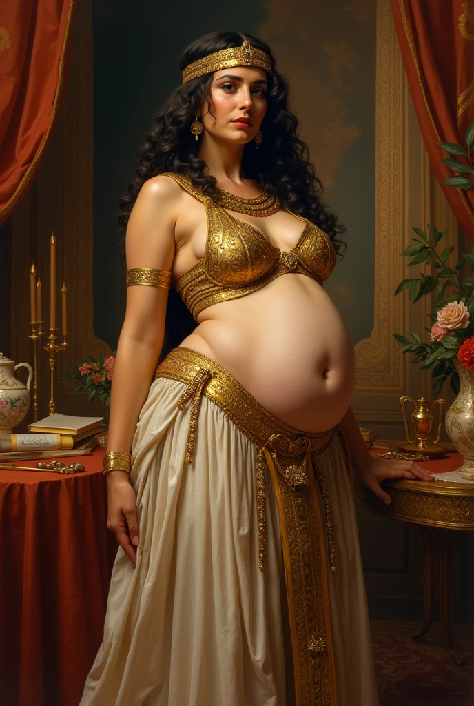 ((((Pregnant Mumtaz Mahal)))), Mughal Palace background, young cute girl, smile, completely naked, (((nude indian female bodybuilder))), (((very muscular body, vascularity, veins))), (upper-body portrait, upper-body image), real girl, (abnormally developed muscles), ((color Image)), masterpiece, best quality, high resolution, photorealistic