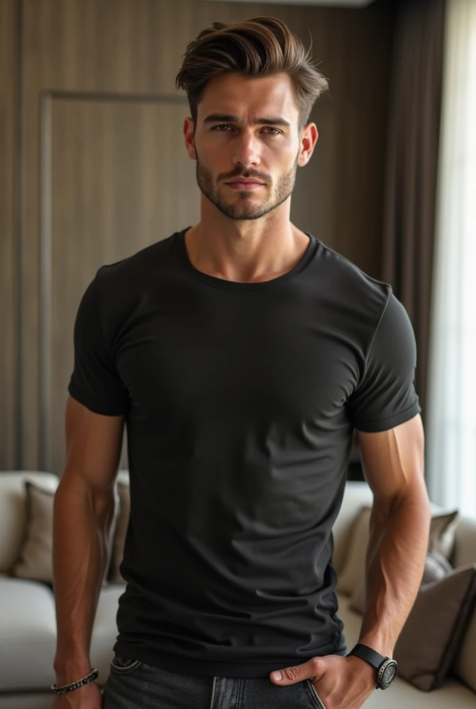 A man in black trunk underwear in bed room and were black tank top under vest in day full lights full body photo