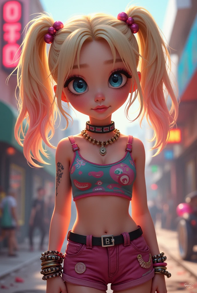 ((Brec Bassinger)) , blond woman in a bikini with braids and a choke, wearing pearl neon bikini, colorful pigtail, blond hair with pigtails, y 2 k cutecore clowncore, blonde goddess, electronic bikini, rave inspired, bold rave outfit, decora inspired, cute rave outfit, divine ray over her head, rave outfit, cute bikini, lone petite female goddess