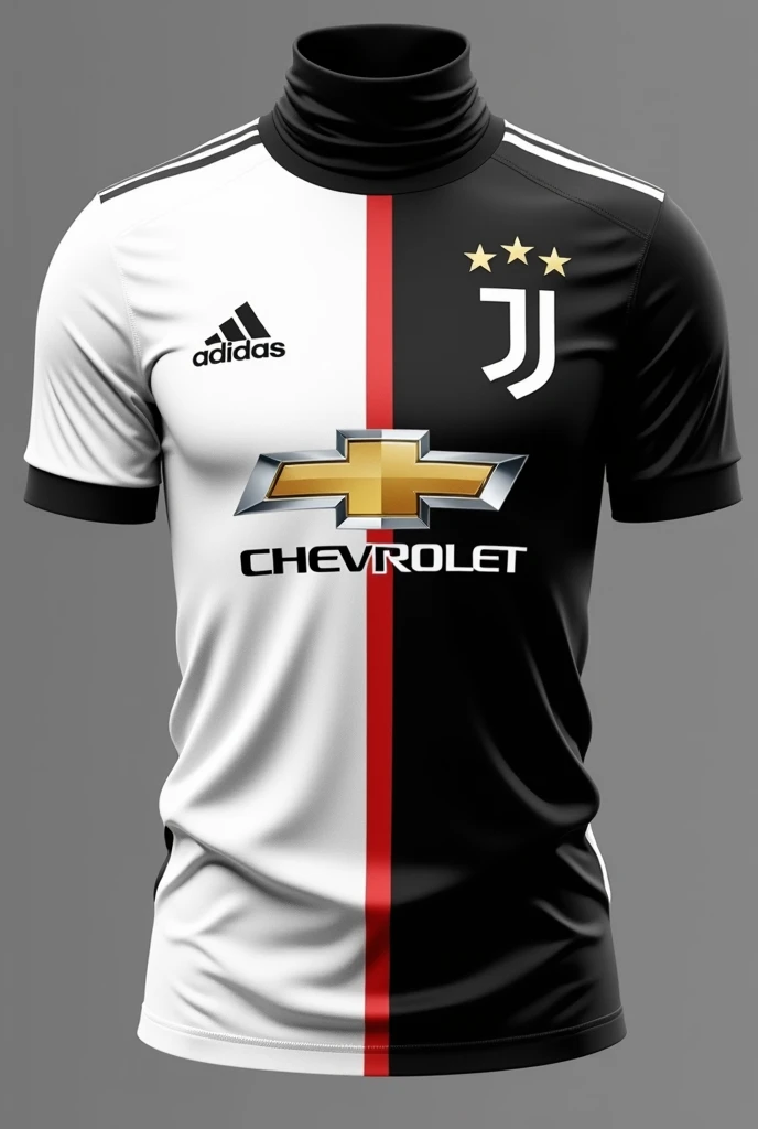 A football shirt, half white and half black vertically , with formal black turtleneck and a Colo-Colo logo in the center of the of the t-shirt . Chevrolet logo in the center of the stomach and a gold line that divides the two colors black and white, Without the team's shield , the rest is exactly the same