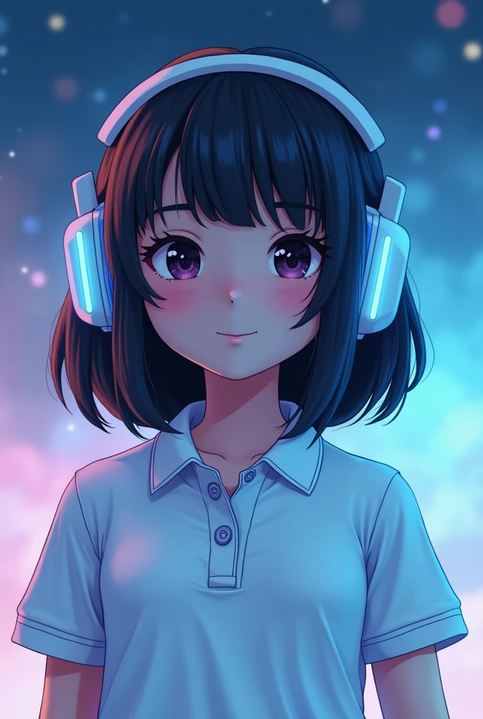 Cinemetographic frame of a girl with black hair ,short and long , celestial background, white polo shirt and light blue , who wears a white bear , that she wears gamer headphones , that she is a brunette , and that the image is like the frame of dress to impress - roblox