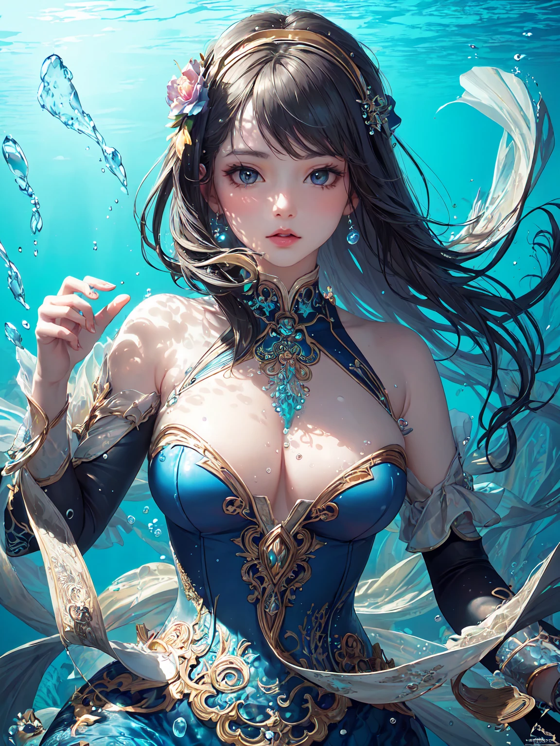 art, Unity 8k壁纸, Ultra-detailed, Beautiful and aesthetically pleasing, (s fractal art: 1.3), flower, girls, (Hairstyles: Long hair) Ocean, Extremely detailed, Cowboy shot, The most beautiful, Seafoam, Buble, cute big breasts, ultra quality, random background, random dress, --auto --s2