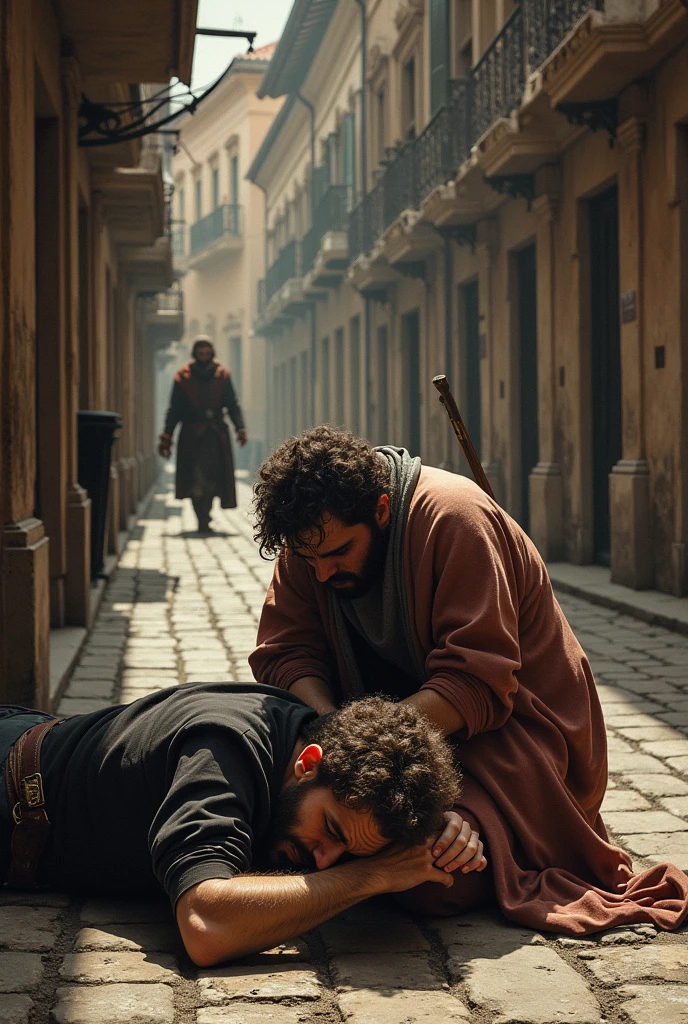 " A tragic scene on a Renaissance street , with a wounded man on the ground and another one kneeling next to him in pain. in the background , a figure walks away with a sword ."