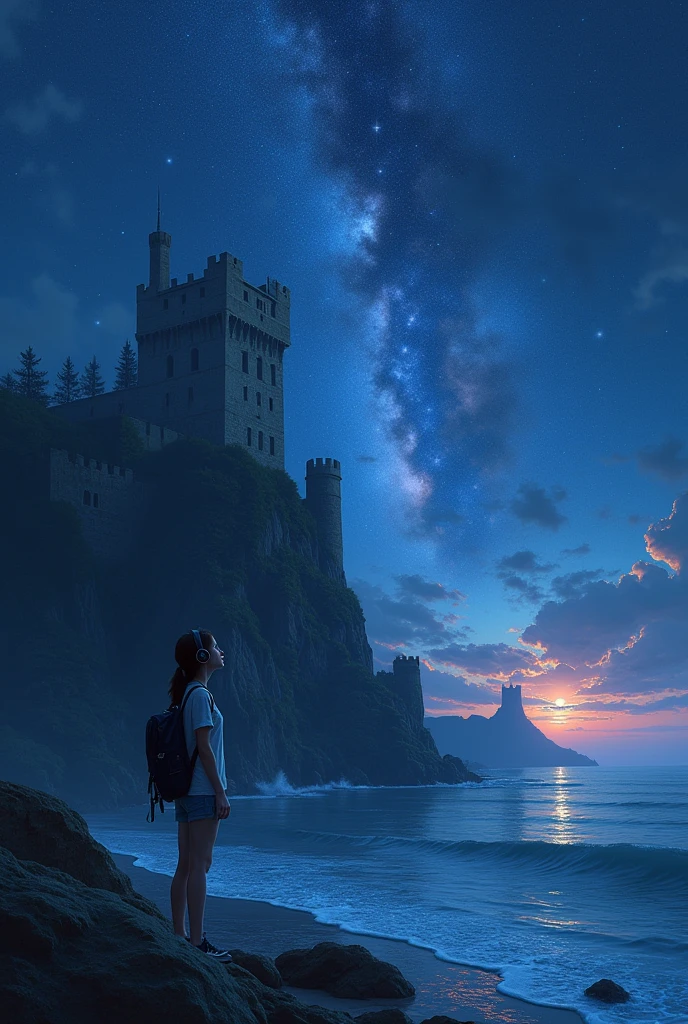 The night sky of a mysterious castle where countless stars shine、 gentle waves、 1 girl, headphones、Focus on the night sky and girls