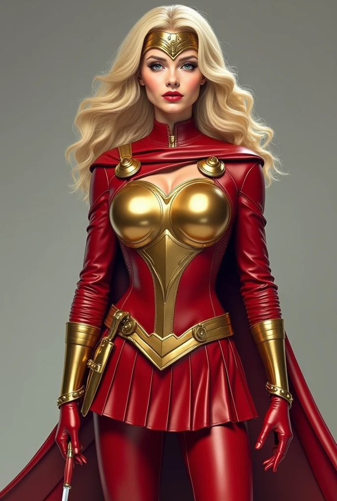 ((best qualityer, work of art)) side view of a blonde woman from the side, loose hair, in a red and gold costume with a long cape, red costume with golden lines, red long sleeves and red pants and golden forearm and red glove and red stone on the bust at the collarbone, Erin Moriarty as Scarlet Witch mixed with Elektra(DC) and April Lavign