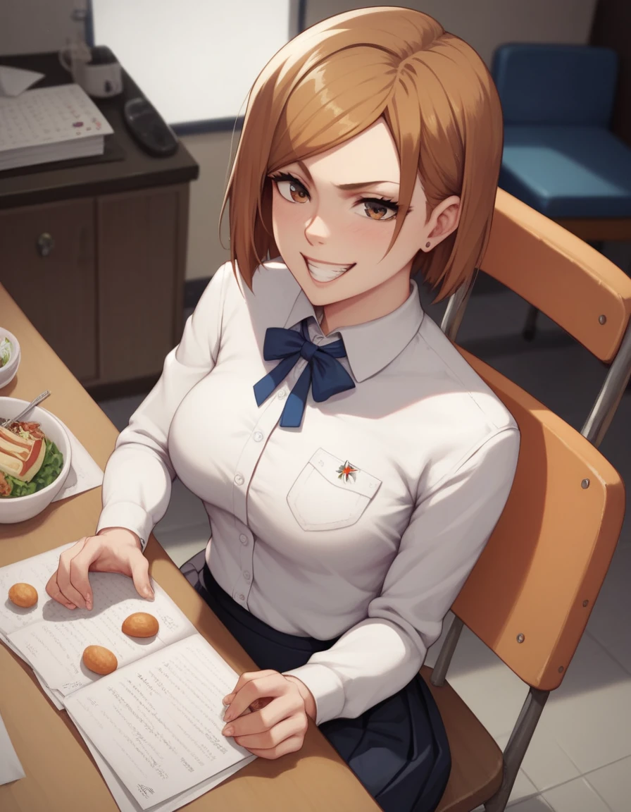 masterpiece,best quality,best details,nsfw,1 girl,short hair,brown hair,brown eyes,precise fingers,dress shirt,skirt,long black tights,long sleeve,a lot of food on the table,belly stuffing,big eater,sit on a chair,underground room,trapped underground room,Kugisaki Nobara,anime,