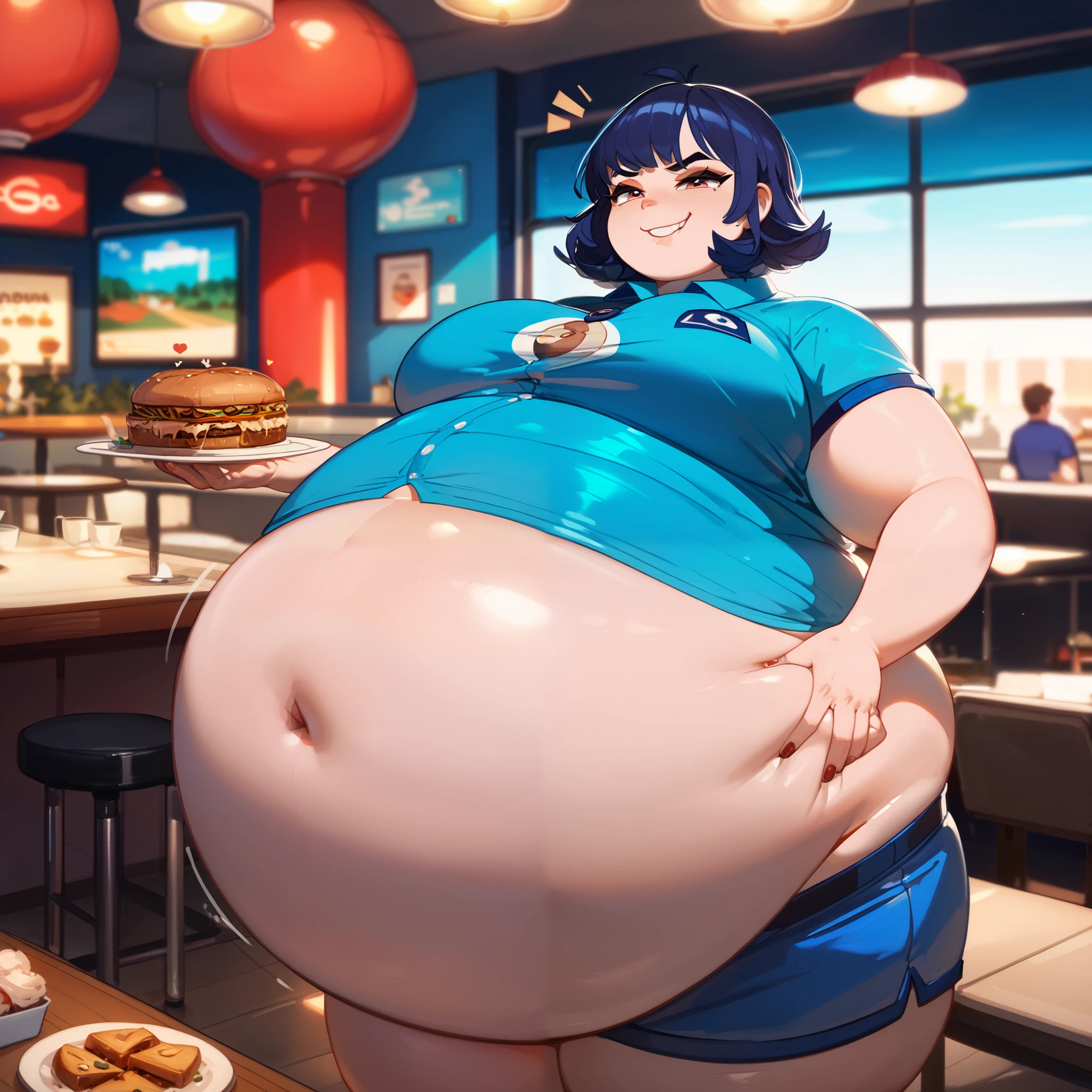 One girl in a polo shirt and shorts, painfully stuffed full belly, ((smug emotions)) own hands on top of belly, leaning back and standing in a restaurant,  stretched clothes,  immobile, puffed legs, puffed face,  cacasian woman spherical inflation 