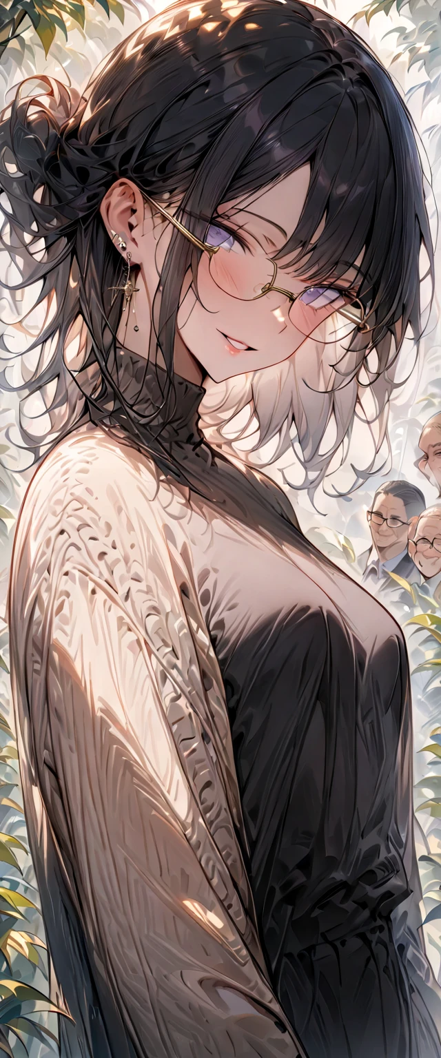 (masterpiece, best quality,Super detailed:1.6),( anatomically correct), portrait,(Dark-haired mature woman ,Medium-long hairstyle,Large black-rimmed glasses ),Date at the park , has a smiling face,Beige knit with black long skirt,whole body,Character portrait, angle from the front down,(Small breast size)