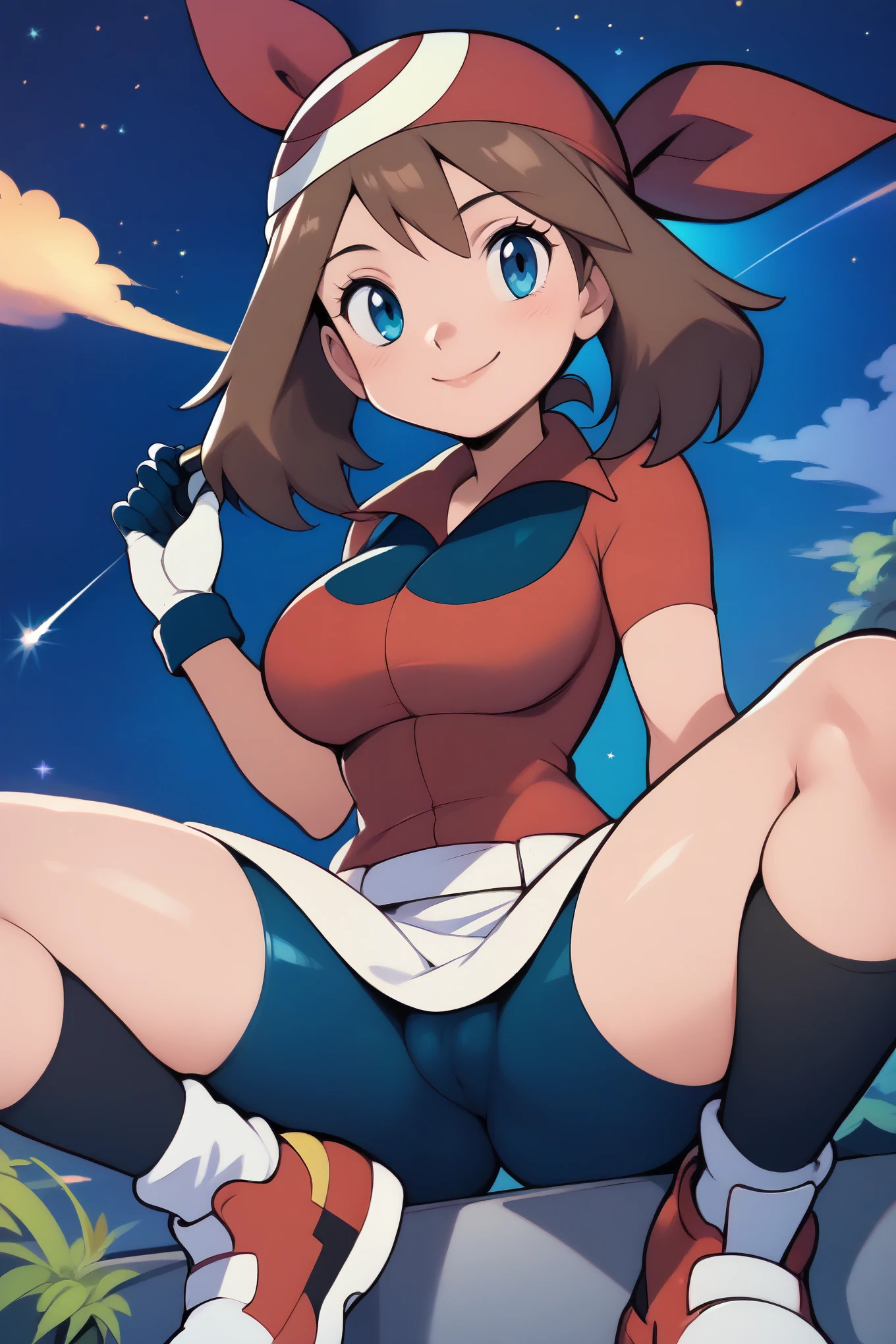 score_9, score_8_up, score_8, medium breasts, (curvy), cute, eyelashes,       zzMay, blush, smile, bangs, skirt, shirt, holding, sitting, closed mouth, short sleeves, outdoors, sky, shoes, shorts, socks, collared shirt, eyelashes, night, white skirt, bike shorts, black socks, red shirt, star (sky), starry sky, bandana, shooting star, red bandana, smile, looking at viewer,   huge breasts, wide hips, thick thighs,(spread legs),good_hands,(covered pussy)