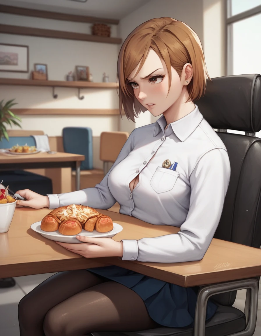 masterpiece,best quality,best details,nsfw,1 girl,short hair,brown hair,brown eyes,precise fingers,dress shirt,skirt,long black tights,long sleeve,a lot of food on the table,belly stuffing,weightgain,sit on a chair,underground room,trapped underground room,Kugisaki Nobara,anime,