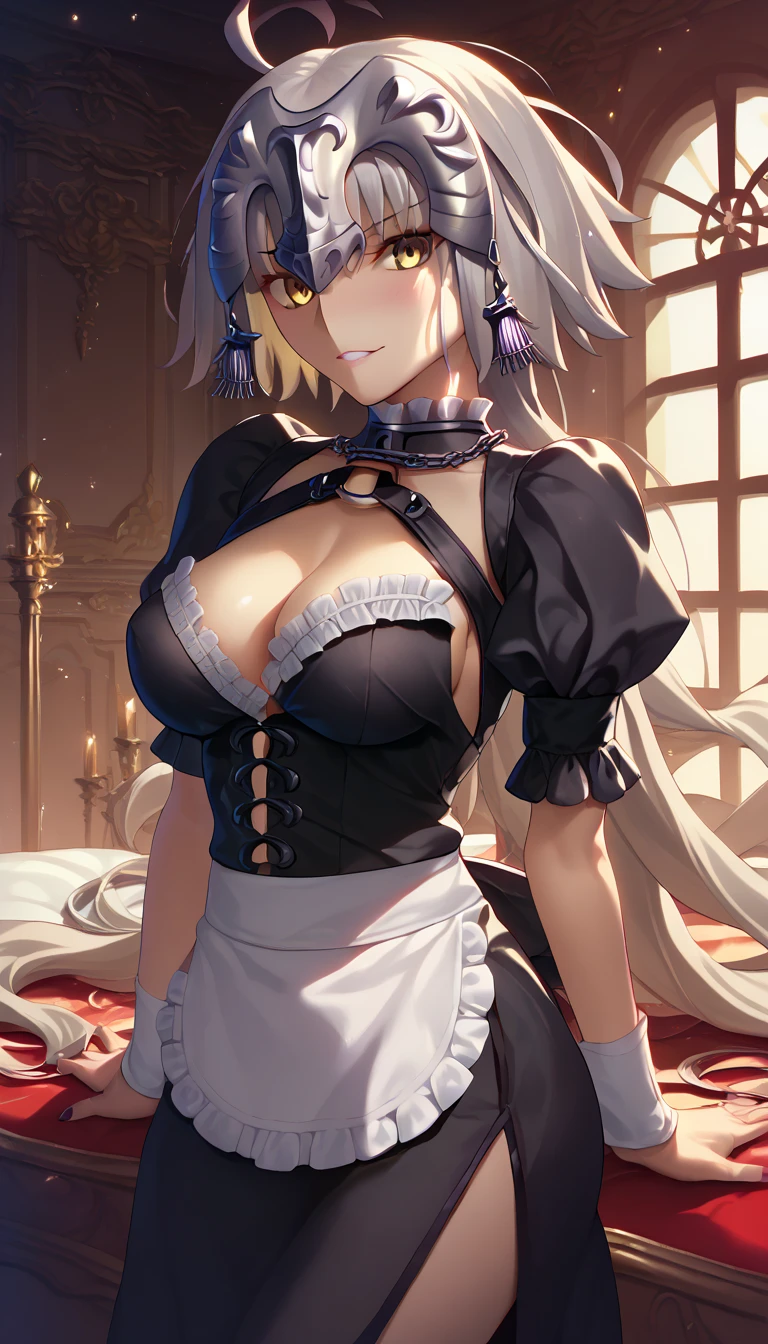 Erotic NSFW,(masterpiece), beautifully and in detail,Takeuchi Takashi
 Style,Fate Grand Order,( BEAUTIFUL ADULT WOMAN), Jeanne d'Arc Horta ,Short grey hair,Golden Eyes,Big Breasts,Sexy seduction, maid clothes,bedroom,