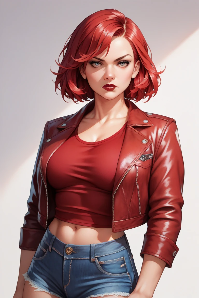 (high-level image quality), (high quality), (high resolution), (detailed), (masterpiece), beautiful woman, ((caucasian)), green eyes, red hair, short hair, dark red lipstick, black top, leather jacket, leather pants, portrait