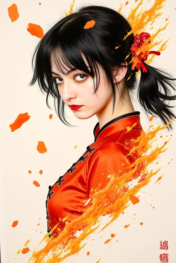 face portrait of MeiyuCipher 1girl orange spike aura in motion, damaged chinese clothes, floating pieces, trending on artstation, sharp focus, intricate details, highly detailed, detailed face (ink and watercolor painting, brushstrokes, by Russ Mills and Yoji Shinkawa) best quality, absurdres, (negative space) ,