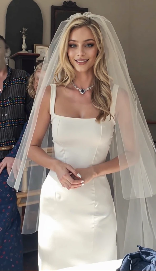Alice Eve in sexy wedding dress and smiling