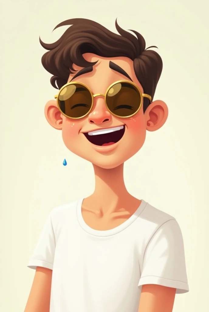 A guy in a white t-shirt and round gold sunglasses smiles and waves a tear rolls down his cheek, in cartoon style