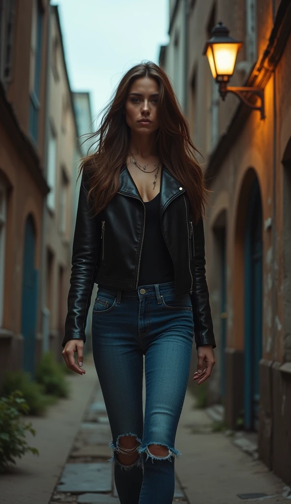 portrait of a young woman walking on an alleyway in an urban area. She is wearing a black leather jacket and ripped blue jeans. The woman has long brown hair and is looking directly at the camera with a serious expression. The alleyway is lined with old, dilapidated buildings and there is a street lamp on the right side of the image. The sky is overcast and the overall mood of the photo is dark and gritty.
