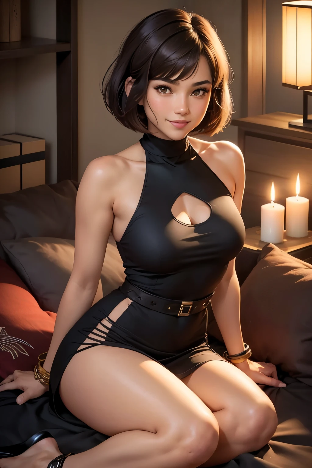 "Create a detailed masterpiece of a beautiful girl with brown skin, showcasing an elegant V-shaped bob hairstyle, full lips, and dressed in a short red dress. Every stroke of the image should capture the elegance and sensuality of the protagonist, emphasizing the texture of the skin, expressiveness of the lips, and the flow of the dress. Make sure to craft a stunning visual representation that highlights the beauty and sophistication of this captivating figure."
