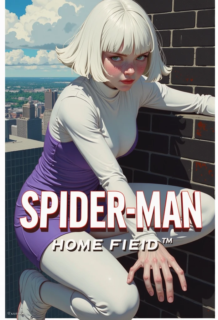  promotional slide ,  Marvel movie poster for 'Spider-Man.: Home field , 'starring Emma Meyer in the Spider-Stirring . [Bob Haircut, She is dressed in skin-tight white and purple spider-gwen costume,  Climbing the building ,  on a rooftop in Brooklyn, New York City .  title is : "spider-man:Home field " and " coming in 2030 ."