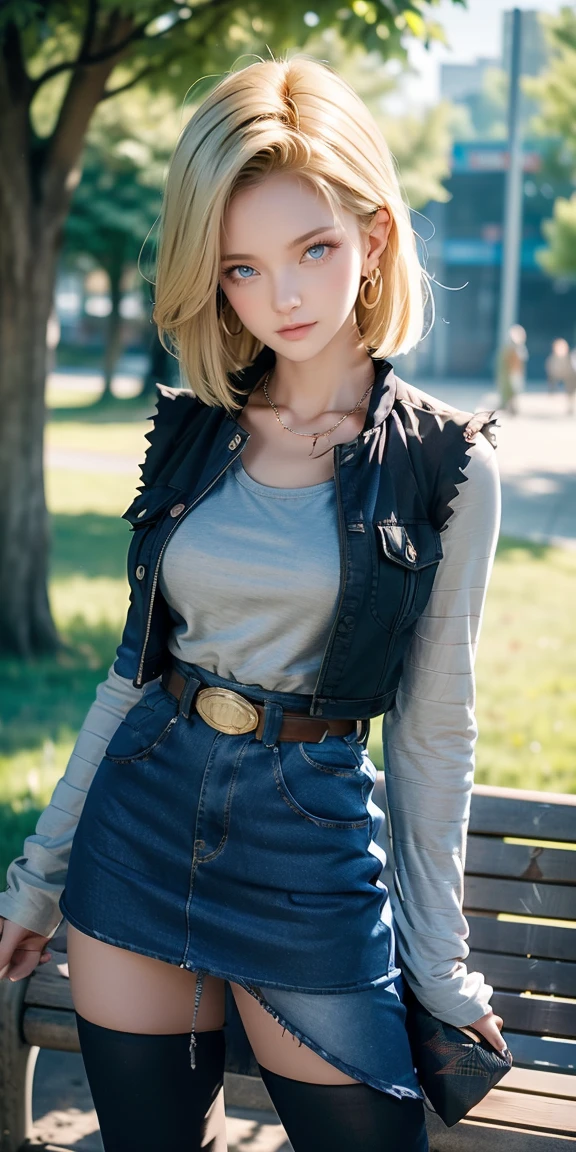 Android 18, Light Blonde hair, Medium hair shaggy cut for women, Blue Transparent eyes of Slavic Caucasians, She has sexy double eyelids above and below her eyes, The flash in the eyeballs is brilliant, She is not wearing any jewelry such as a necklace around her neck, open-chested Black -shirt, Not wearing a bra, She only Wears round earrings, Tight Long sleeves with black stripes on a white background, Blue denim mini vest, Blue denim mini skirt, The denim mini skirt and denim mini vest set in the same blue color, The mini denim vest does not have a zipper, but the mini denim skirt does, and the denim vest has five silver buttons to fasten the garment, The denim skirt's zipper seam line and stitching run vertically straight to the bottom of the skirt, and the denim vest has no zipper, so it's clean, Open-chested denim vest, Large breasts, Women's Western Cowboy Belt, Brown see-through pantyhose, Western short boots, Looking at viewer, Her whole body is visible on the screen, She is standing in front of the bench Her entire body is visible on the screen, from her head to her boots, Slight smiling with closed lips standing next to bench , Blue sky, outside, park, grass, Summer, trees, blue sky, high quality, masterpiece,