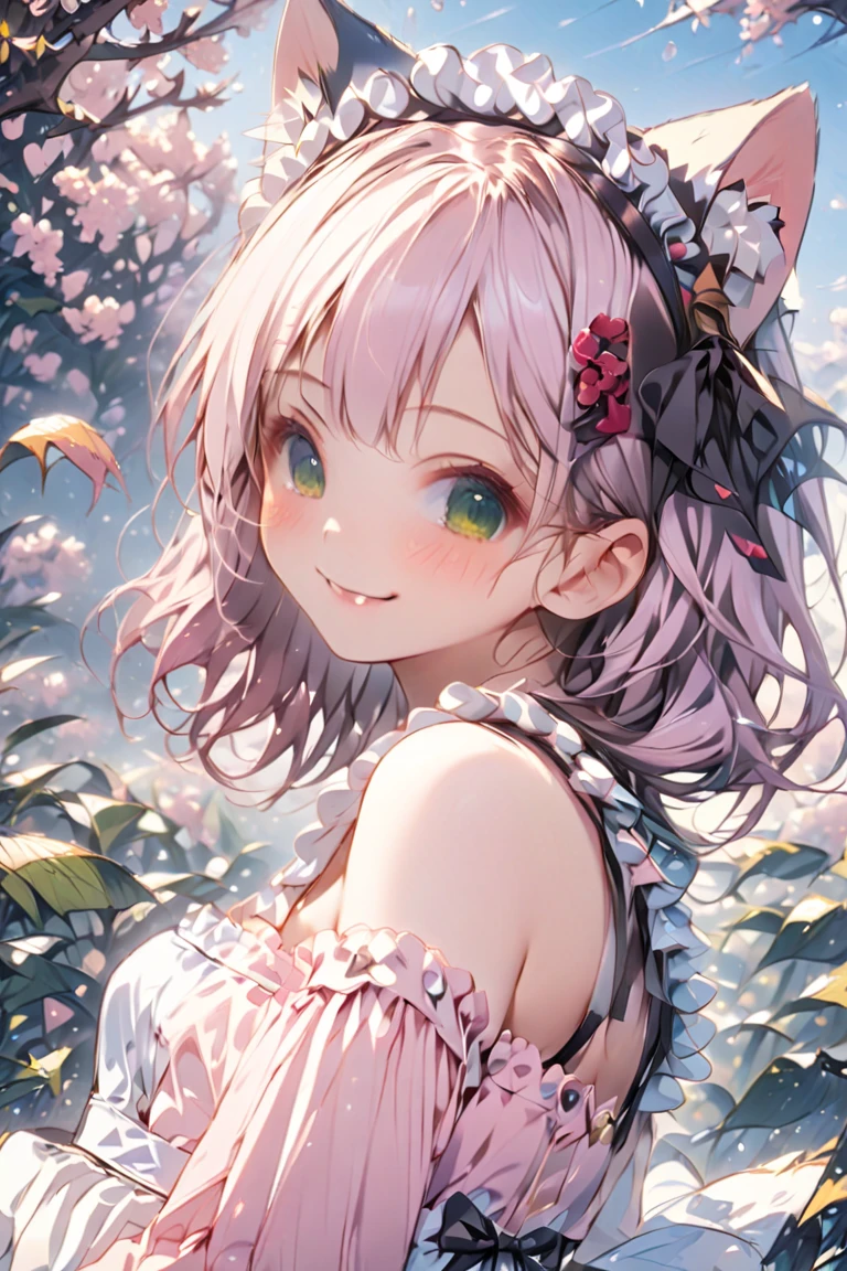 hello kitty,
1 girl, light purple hair, low twintails hair, blunt bangs hair, hair down, green eyes, hair ribbon, pink cat ears,
maid headdress, (:3:1.2), ribbon, smile, blush, pink dress, too many frills, black ribbon, long sleeves, bare shoulders, thighhighs,
masterpiece, best quality, very aesthetic, absurdres, ultra detailed, UHD, 8K, highly detailed, 