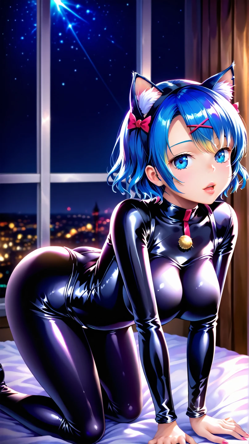 (best quality,4k,8k,highres,masterpiece:1.2),ultra-detailed,(realistic,photorealistic,photo-realistic:1.37),large breasts,bashful smile,on all fours,playboy bunny,black pantyhose,blue hair,illustration,sharp focus,vivid colors,studio lighting