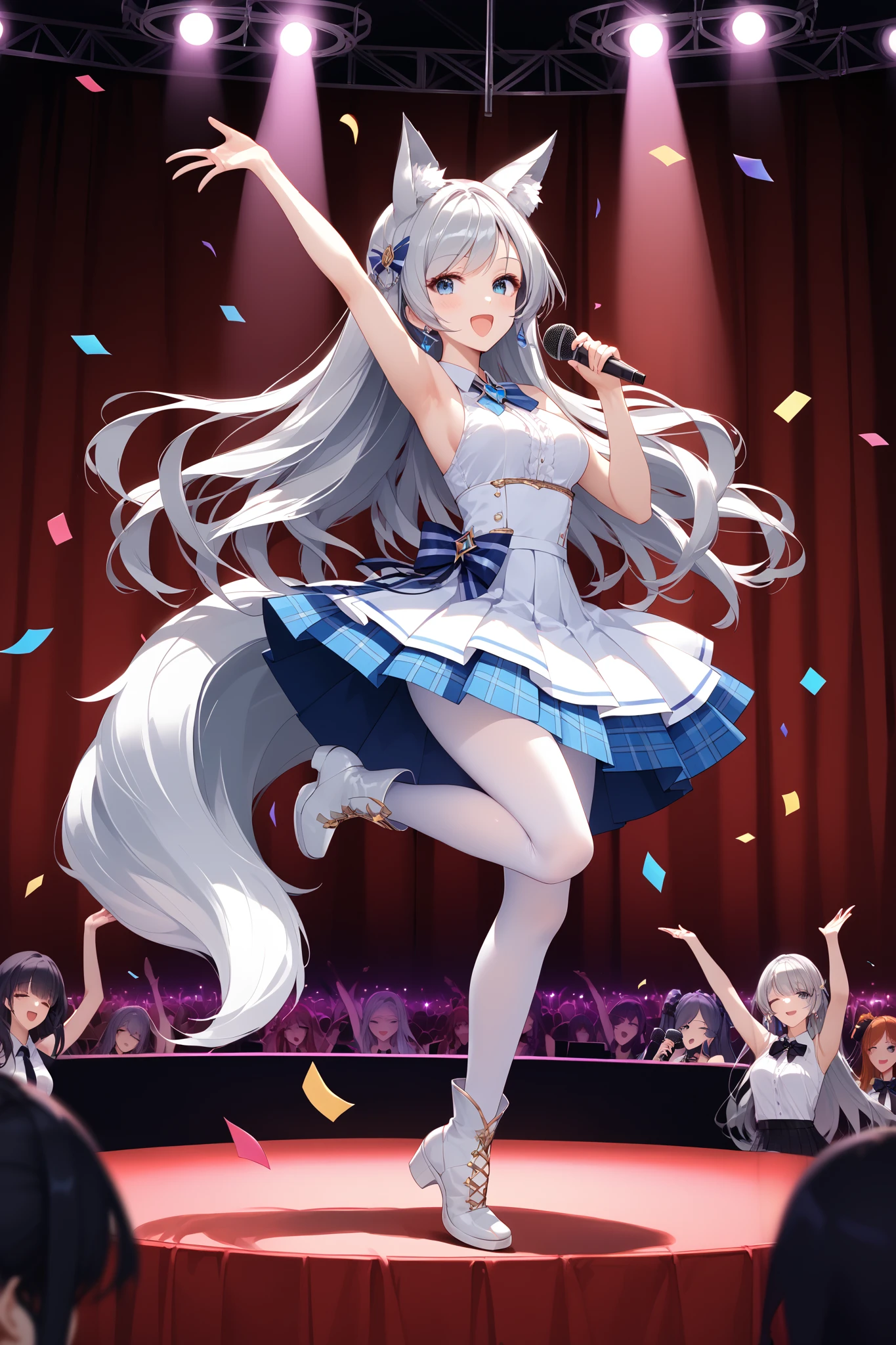 (masterpiece, best quality), (score_9,score_8_up,score_7_up), (highly-detailed), 
1girl, 18 years old, (silver-blue eyes), silver long hair, (big silver white fox ears, silver white fox tail), medium breasts, (pale skin), 
beautiful idol, frontgirl of an idol group, white sleeveless shirt, darkgrey tartan pleated skirt, white tights, white boots, (blush), cute smile, mouth open, singing, standing on one leg, dance, holding microphone close to mouth, (right hand up in the air), enthusiastic, full body, 
indoors, concert, stage, fancy lights, confetti flying all around, (different idol girls dancing and singing by her side) idol choreography, 