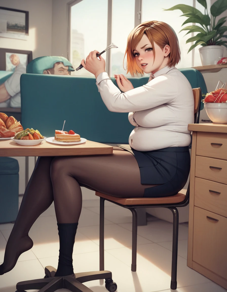 masterpiece,best quality,best details,nsfw,1 girl,short hair,brown hair,brown eyes,precise fingers,dress shirt,skirt,long black tights,long sleeve,a lot of food on the table,belly stuffing,plump,sit on a chair,underground room,trapped underground room,Kugisaki Nobara,anime,