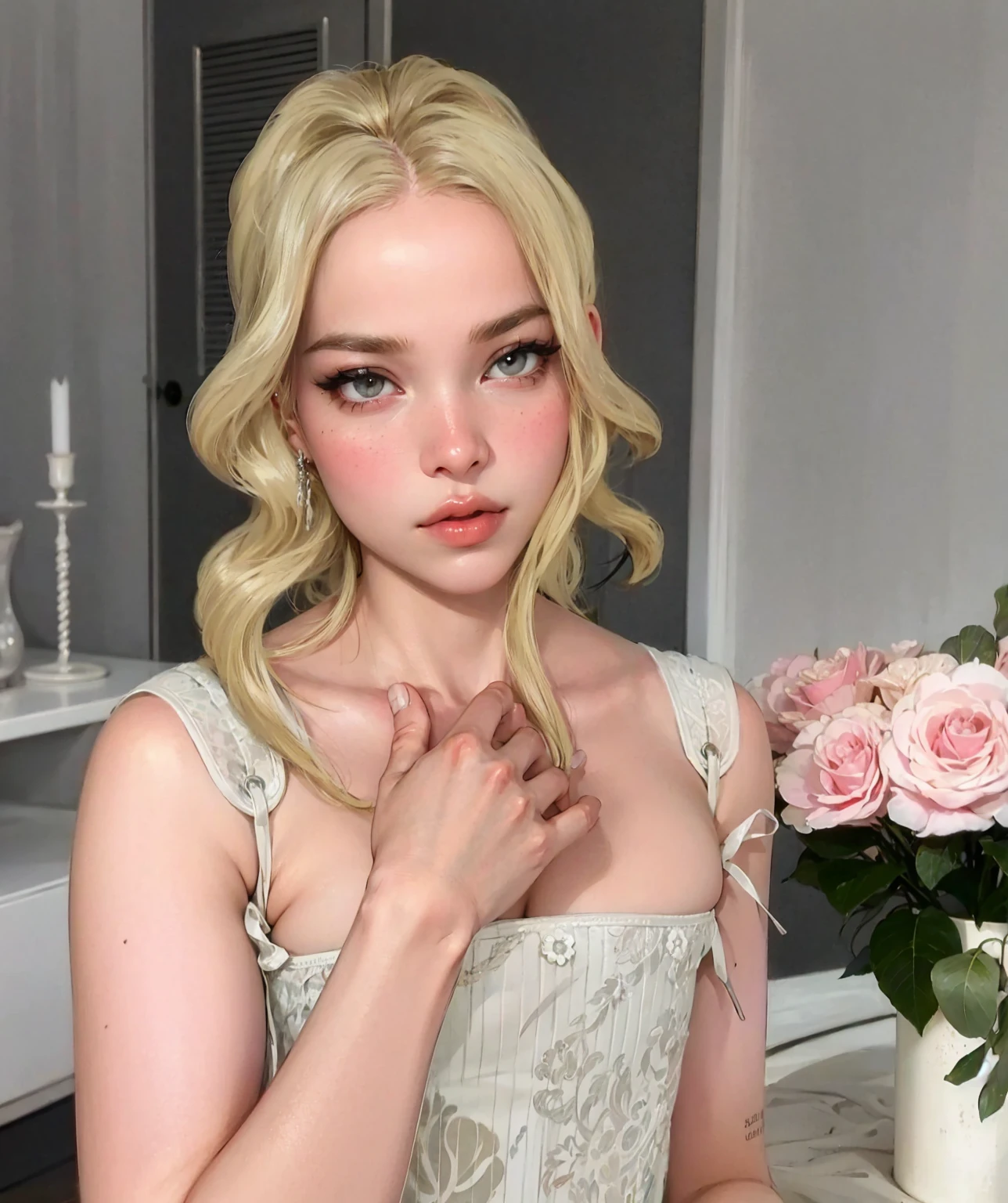 beautiful girl, white blonde hair, wavy hair, greek goddess, beautiful eyes and perfect nose, soft skin, Soft hair, model, perfect girl,beautiful woman , (masterpiece),((ultra detailed)), (Highly detailed CG illustration),(expressionless), (Best Quality:1.2),(1 girl:1.2),high quality texture, intricate details, detailed texture, a realistic representation of the face and person, detailed beautiful delicate face, Beautiful and delicate detailed eyes., eye pupil a face of perfect proportions, depth of field, perspective,20 years, thin face, (large eyes:1.2),blush,bright lips, perfect body, Skinny body, (narrow waist:1.3), big chest, distinct_Image, (shiny and pale skin), focus on the face , (white blonde hair ), (beautiful finely detailed eyes and detailed face), (by white ), contrast