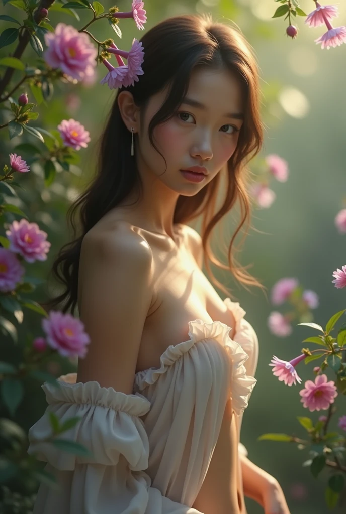 One girl,(((naked))), Purple eyes, Brown Hair, alone, Long Hair, blush,, Flowers, View your viewers, Braid, bow, pink Flowers, bow, hair accessory, bangs,, Hair Flower, Holding, Virtual YouTuber, Blue ribbon, Holding animal, Catwoman, 