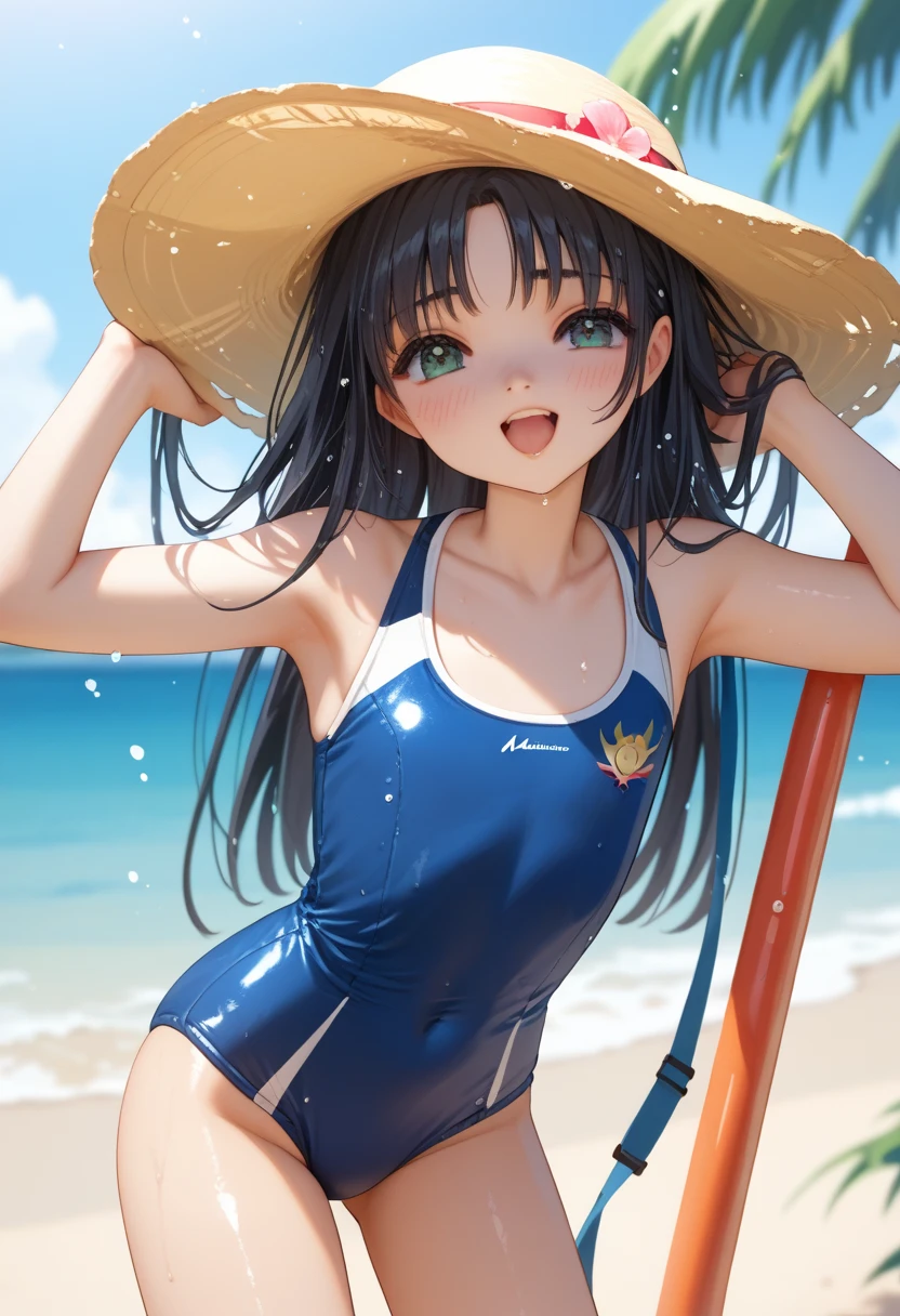 (1 girl)++, (masterpiece)+++, (best quality)+++, cowboy shot, young face, cute face, orgasm expression, shiny skin, slender, 6 heads high, sexy swimsuit, beach, daidouji tomoyo, black hair, long hair,