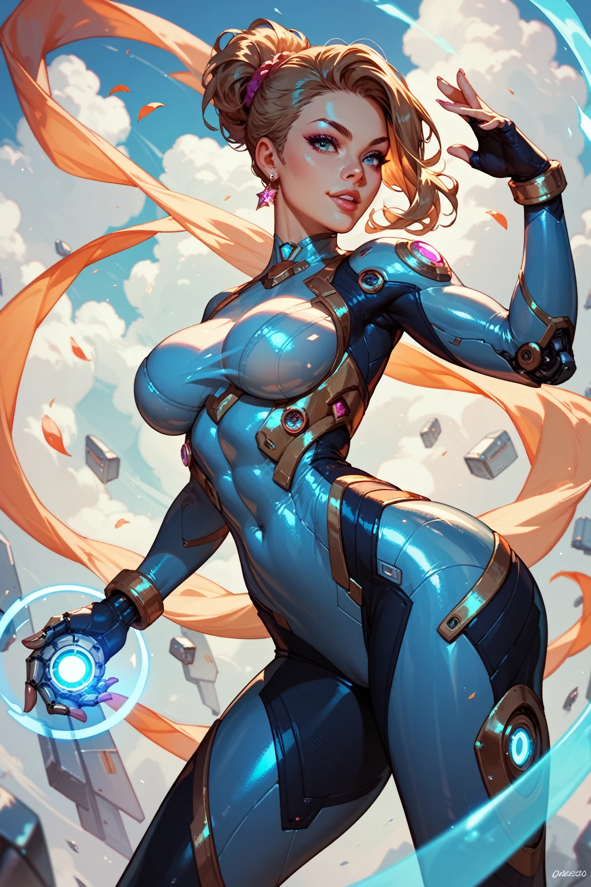 8k ((above view:1.6)), ((full body view))(large eyes:1.3), defined cheekbones, looking back, ((the pit style:1.4))((sleek dark blue bodysuit:1.6)) ((intricate metal details:1.4))detailed face:1.5), lightblue skin,(puffy lips:1.5) (lightblue skin:1.6), (bald woman:1.7), (skinhead) ((sexy pose)),(Muscular:1.3), ((gigantic breasts:1.5)), )highly detailed, Volumetric lighting, baroque oil painting by Greg Rutkowski, Artgerm, WLOP, dynamic angle,((intricate neon lines on bodysuit:1.3)), majestic, digital photography, best shadow, light particles, art by artgerm and ruan jia and greg rutkowski, ((gold shoulder pads:1.6)), (masterpiece), sidelighting, intricate details, (((black color palette)))