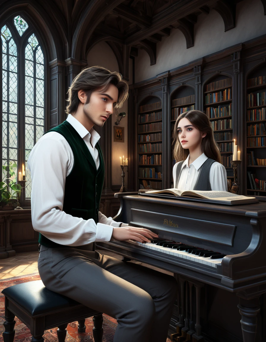 sketch man  ((with brown eyes)), Beautiful,  brown short hair in white in a white shirt,  dark gray classic vest ,  dark gray pants stands behind the girl and teaches her to play the photrepiano, meanwhile, the girl sits at the piano with brown long hair and blue eyes,  in a short emerald-colored board against an arafed background. A room with a piano and a window in it , gothic epic library concept, gothic epic library, gothic library, alchemist library , unreal engine render concept art, castle library, dusty library,  unreal fantasy art engine, ancient library, library of ruina concept art, photorealistic dark concept art,  dramatic lighting . concept art, inside a castle library, Старая библиотека photo realistic illustration, hyper realistic illustration, realistic illustration, photorealistic detail , hypper realistic illustration, extreme realistic detail, photorealistic detail ed picture, с unreal engine render concept art, ), Ultra-detailed and beautiful face,( Gentle facial expression :1.1),translucent white skin,(Реалистичный skin texture:1.1), , Bold design , Art design ,Beautiful and detailed pattern, Detailed fabric texture,