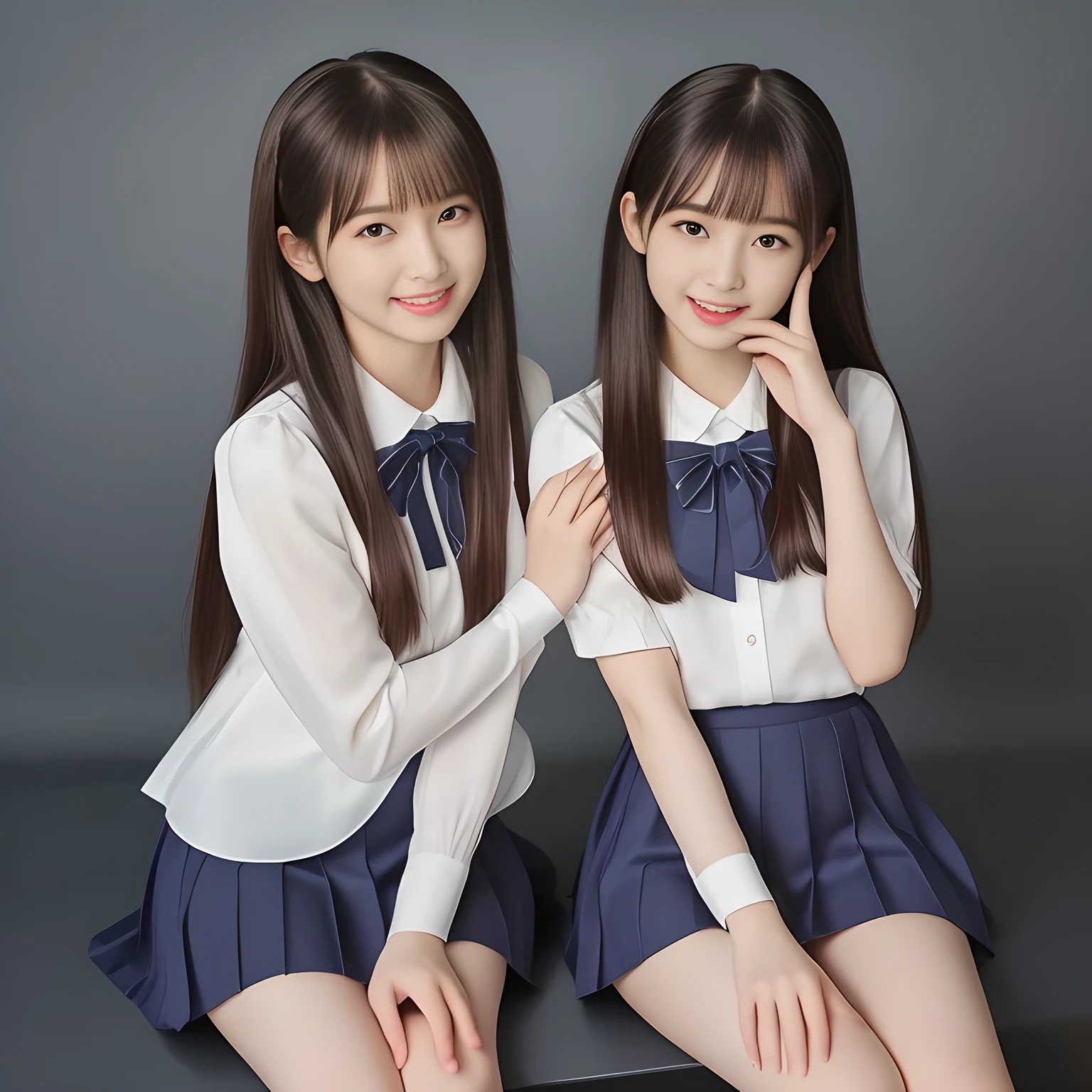 (Highest quality, masterpiece:1.2), Highest quality, High resolution, 1080P, 8k, (Two 14yo Japanese beautiful girl idols are seated and giving strong subliminal sexual invitation and temptation, cute skirt with beautiful knees, looking at the viewer, can't stop showing cute smile open mouth because of feeling too funny about the viewer, very white-white face, very proud of her long straight black hair, using face-whitening cosmetics, 14yo girl's eyes, opened laughing giggling most open mouth, too expensive luxurious glossy too-much-girly erotic frilled ivory silk blouse, polyester dark-navy school-skirt and bewitching ribbon on the breast, well-straitened super-super-long well-trimmed long hair, evenly neatly trimmed girly cute bangs: 1.5), (white thighs and knees: 1.7), (Well-balanced, impressive, cool, drooping, double-eyelids, black shining large eyes of 14yo intelligent young idol with detailed: 1.5), ((Beautiful well-figured glossy opened laughing lips: 1.2)), (mature breast), (The viewer can't stop madly kissing them because of her beauty and subliminal strong invitation), (Very beautiful, super-glossy, cute neat black amazingly long hair, straight well-done long hair-style: 1.3), (plain blue background: 1.6), (((Completely balanced beautiful big big eyes, looking at me))), (eyes, face and hair are especially beautifully detailed and beautifully drawn: 1.5),  (The soft white light clearly shows her face extremely white: 1.2), (Feel too luxurious and expensive), (School uniform, too-cute slender 14yo super-long-hair Japanese beautiful-young-girl idol twins are laughing and licking the other's hand each other with super-wide open open laughing mouth like eating the viewer, everything is girly, neat and too beautiful: 1.6), (Super long hair 14yo super-cute-face school-uniform pretty young idol of school idol photo magazine, height: 145cm: 2.1), (Signs of girl's inevitable subliminal sexual invitation and temptation to their world of succubus: 2.0)